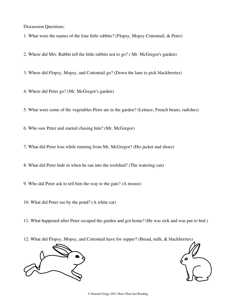 Teacher discussion page with 12 story questions and inline answers about Peter, the garden, and his escape