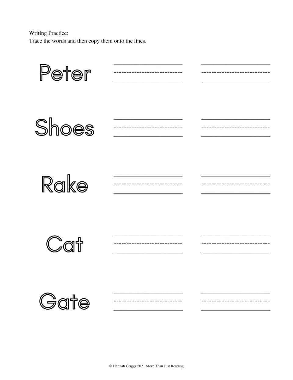 Story handwriting practice asks students to trace and copy the five words Peter, Shoes, Rake, Cat, and Gate
