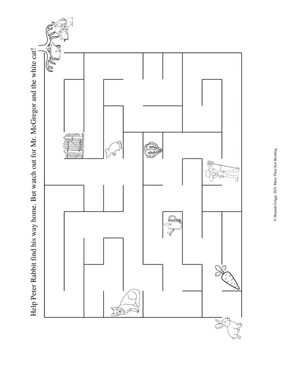 Story maze asks students to help Peter Rabbit find his way home while avoiding Mr. McGregor and the white cat