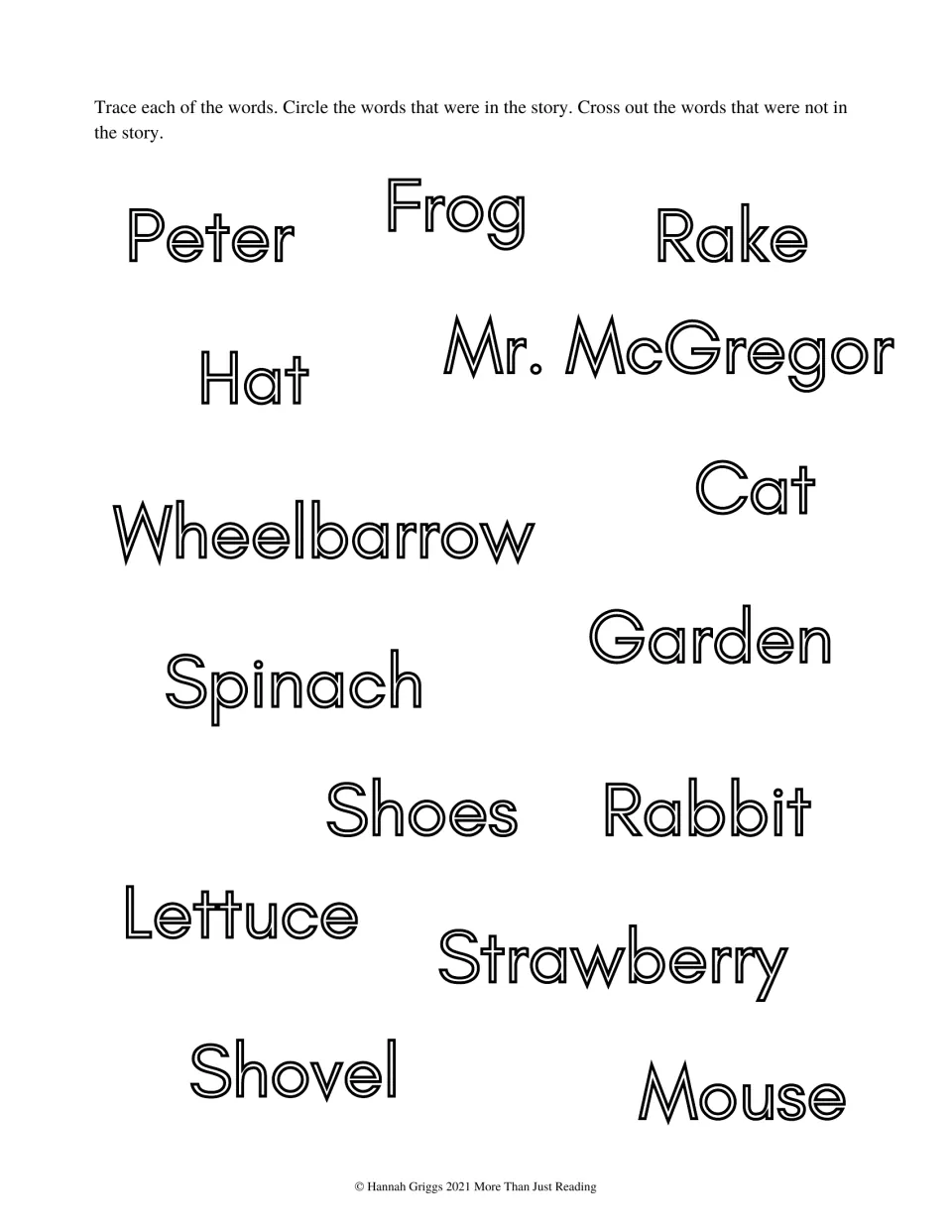 Story word practice asks students to trace 14 words, circle those in the story, and cross out those absent