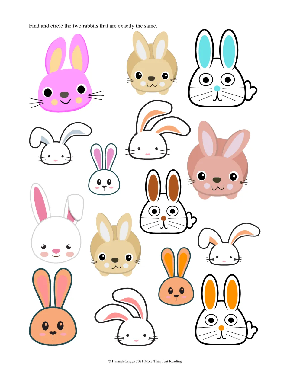 Rabbit matching activity asks students to find and circle the two identical rabbits among varied rabbit pictures
