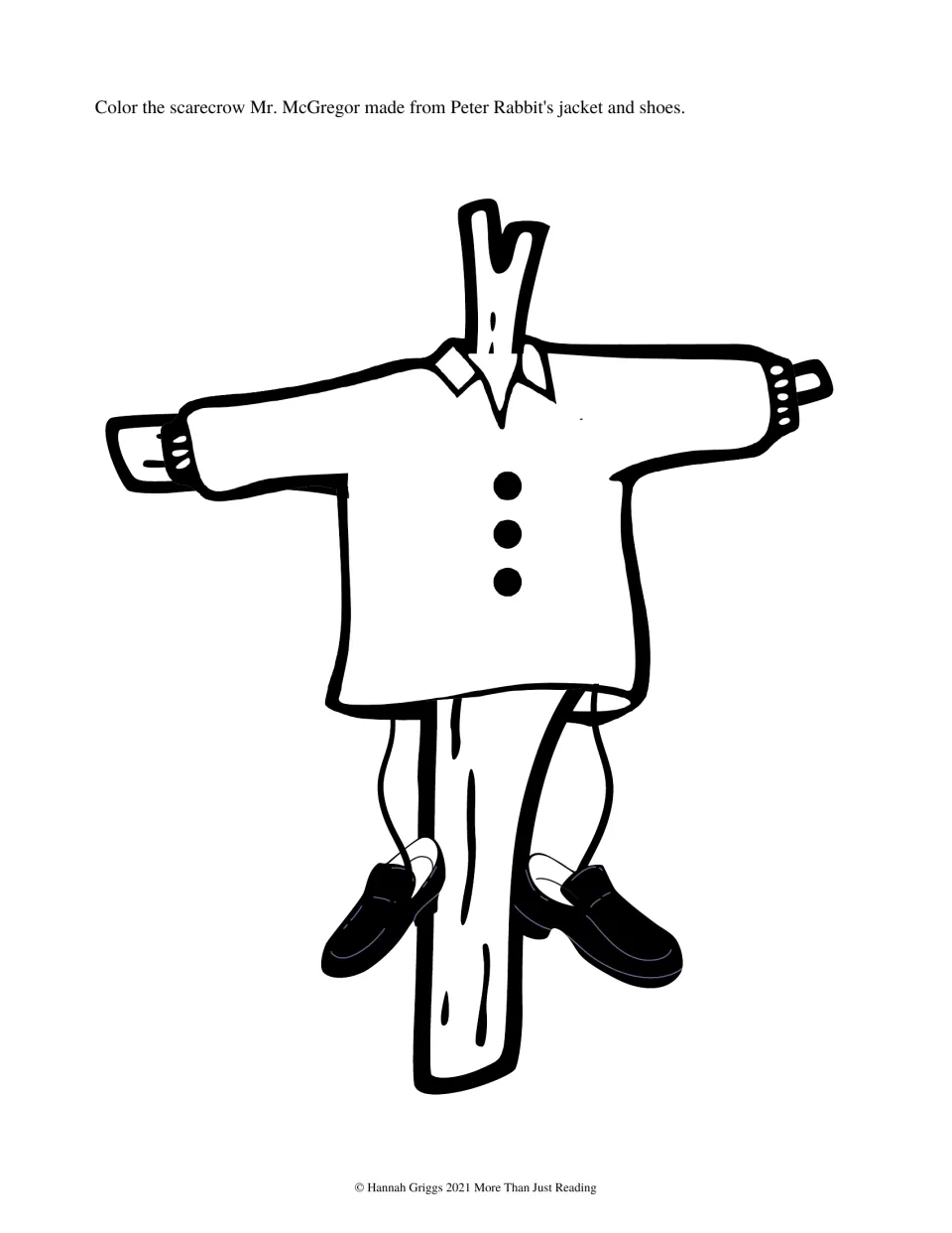 Story coloring activity shows the scarecrow Mr. McGregor made using Peter Rabbit's jacket and shoes