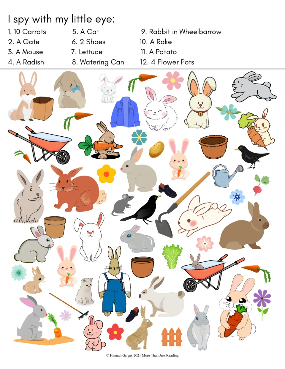 Rabbit-themed I Spy activity lists 12 search prompts, including 10 carrots, two shoes, and four flower pots