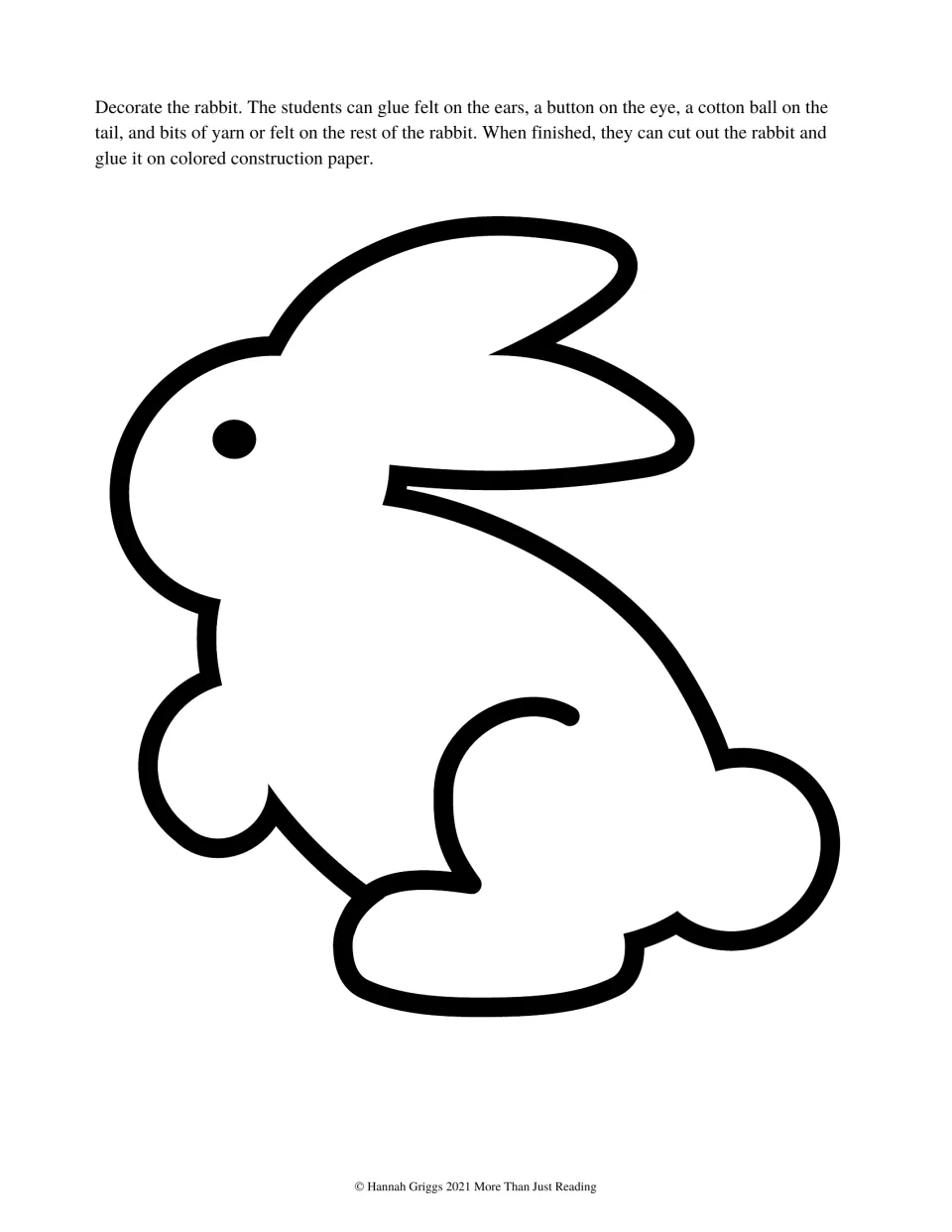 Rabbit craft template directs students to decorate with felt, a button, cotton, and yarn, then cut and glue
