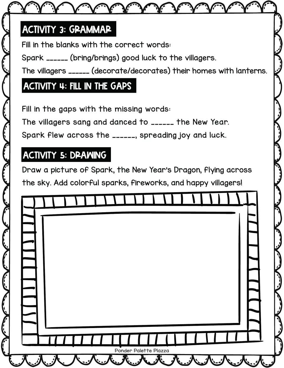 Follow-up activities: choose bring/brings and decorate/decorates, fill story gaps, and draw Spark flying.