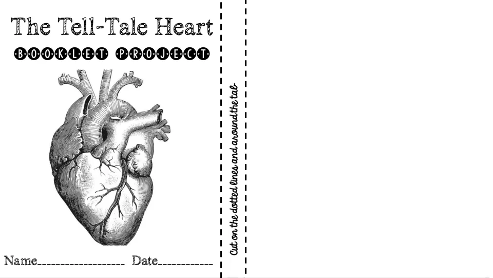 Cover of the Tell-Tale Heart booklet with an anatomical heart drawing and name and date lines