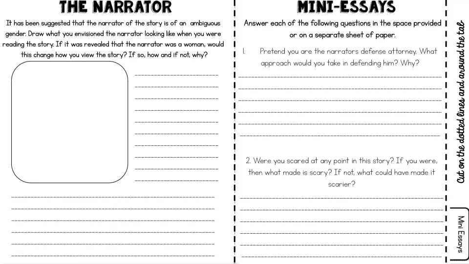 Narrator and mini-essays: students draw the narrator, weigh a female narrator, argue his defense and say what felt scary