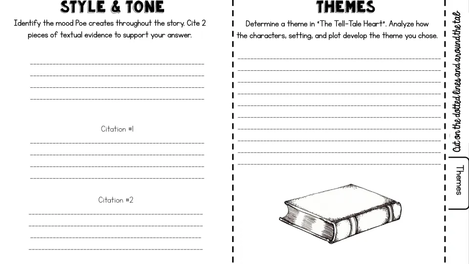 Mood and theme: students identify Poe's mood with 2 citations and analyse how characters, setting and plot build a theme