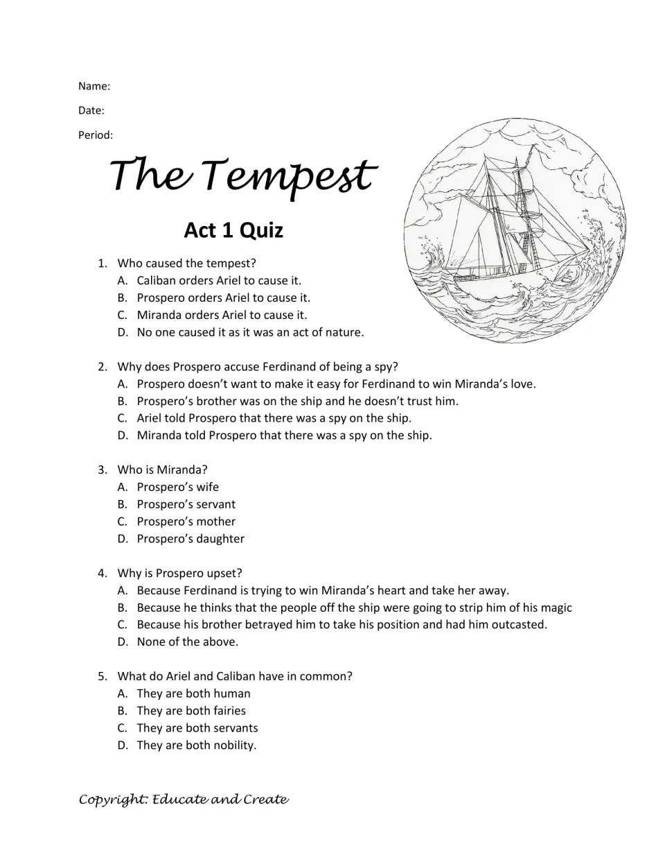 Tempest Act 1 multiple choice: five questions on who caused the storm, Miranda, Prospero's anger, Ariel and Caliban