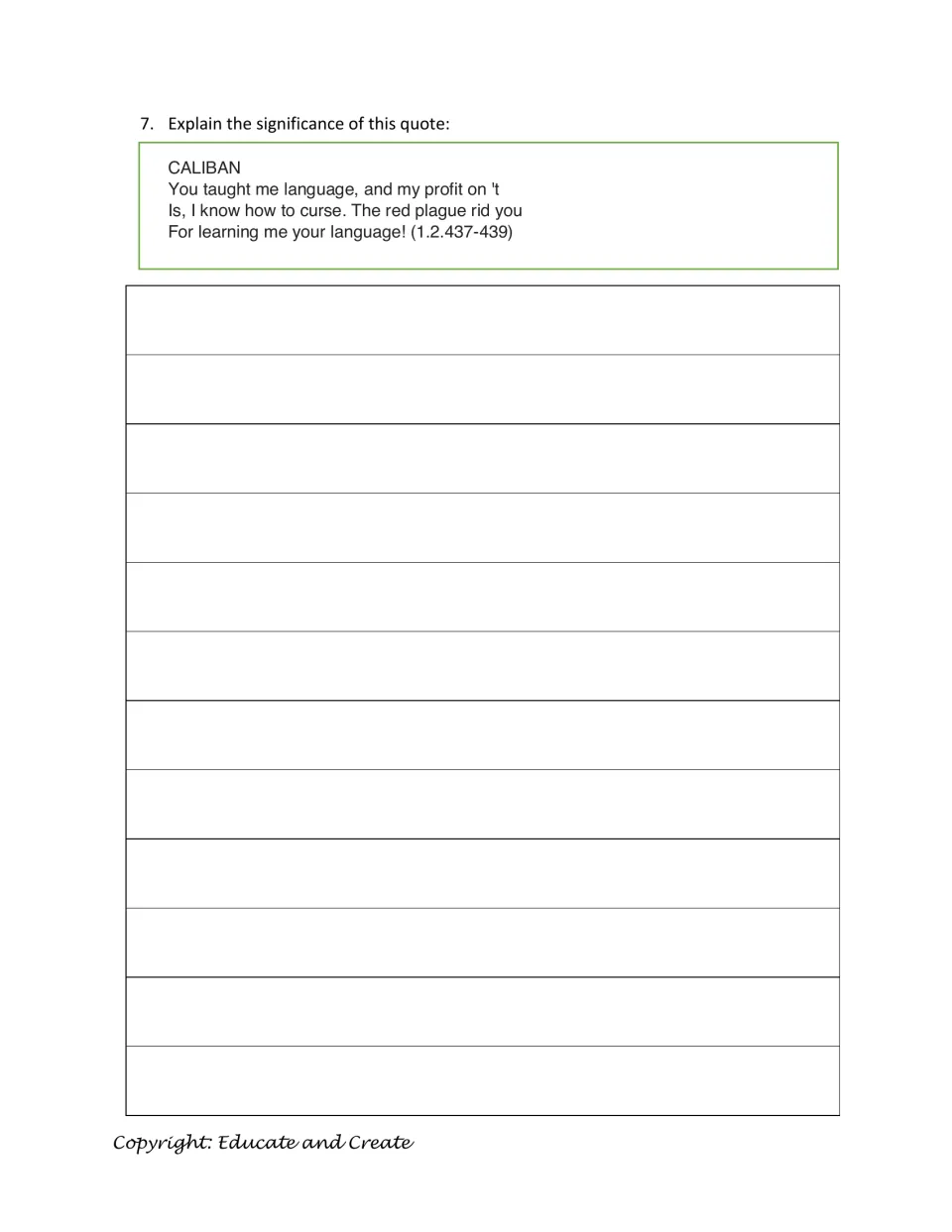 Quote analysis: students explain Caliban's 'You taught me language' speech about learning to curse (1.2.437-439)