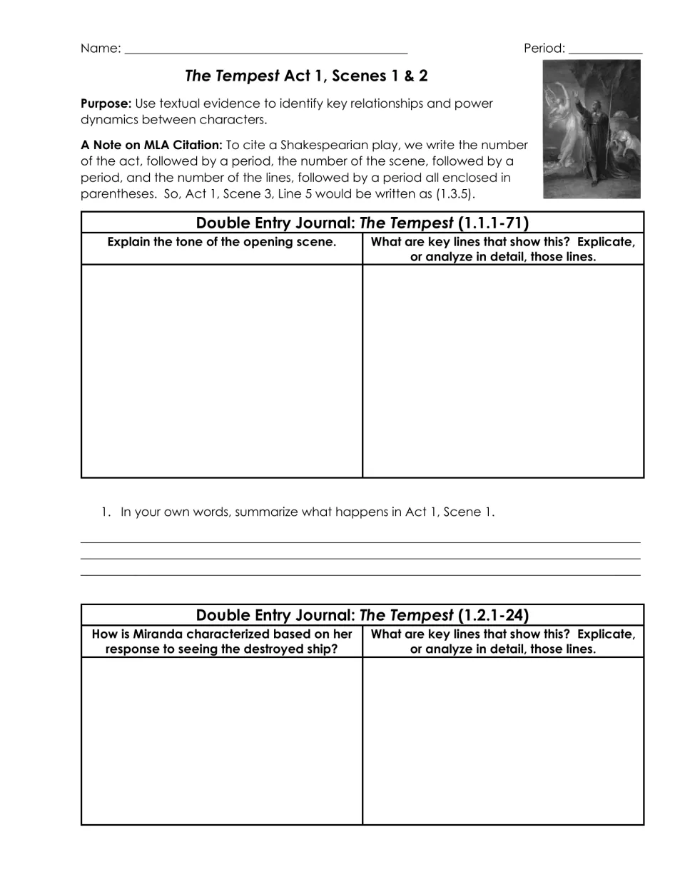 Journal page 1: opening-scene tone, Miranda's response to the shipwreck, MLA citations, and Scene 1 summary.