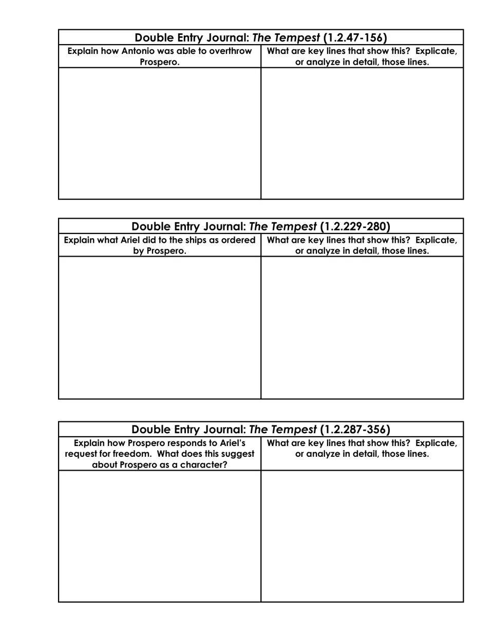 Journal page 2: Antonio's overthrow of Prospero, Ariel's actions toward the ships, and his request for freedom.