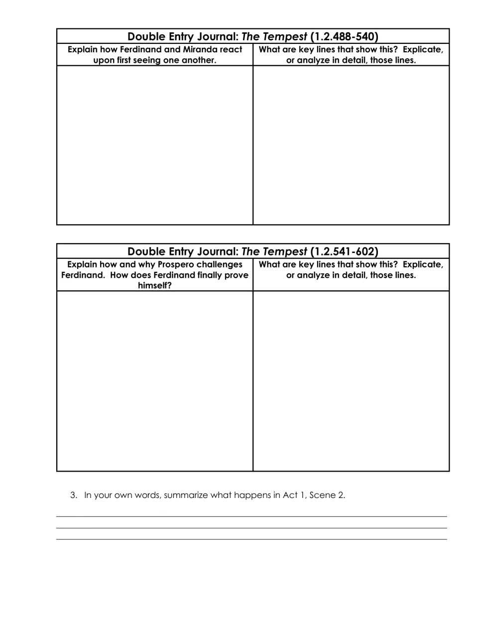 Journal page 4: Ferdinand and Miranda's first reactions, Prospero's challenge to Ferdinand, and Scene 2 summary.
