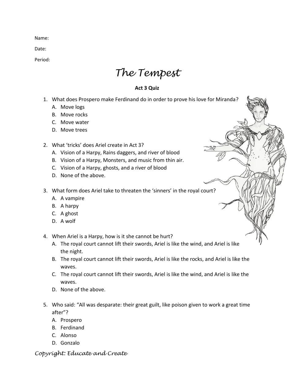 Act 3 quiz questions 1–5: Ferdinand's task, Ariel's tricks and harpy form, and identification of a speaker.