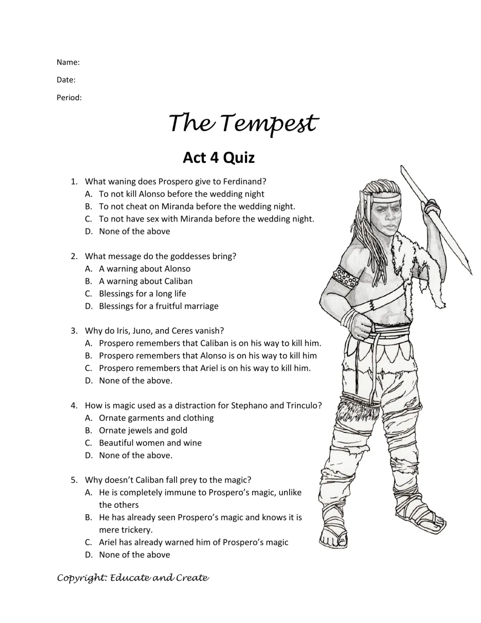 The Tempest Act 4 quiz: five multiple-choice questions on Prospero's warning, the goddesses and Caliban's plot