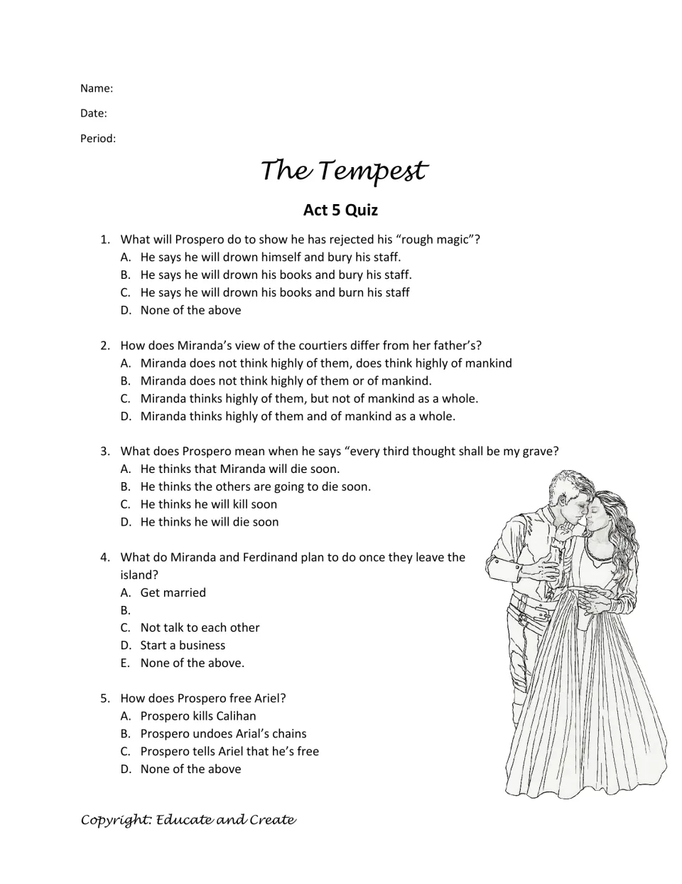 The Tempest Act 5 multiple choice: students answer five questions on Prospero's rough magic, Miranda, Ferdinand and Ariel