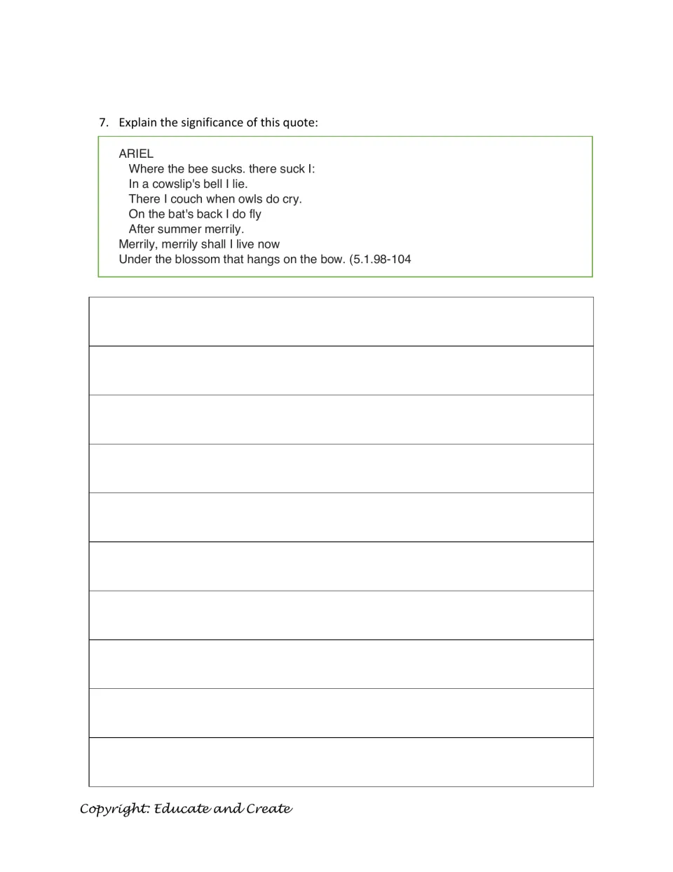 Quote analysis: students explain the significance of Ariel's song 'Where the bee sucks, there suck I' (5.1.98-104)