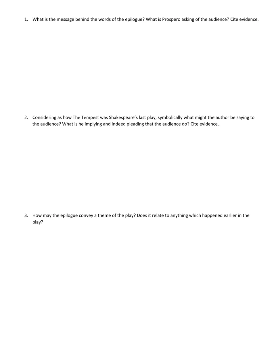 Close reading questions: students explain Prospero's plea to the audience, its link to Shakespeare's last play, and a theme