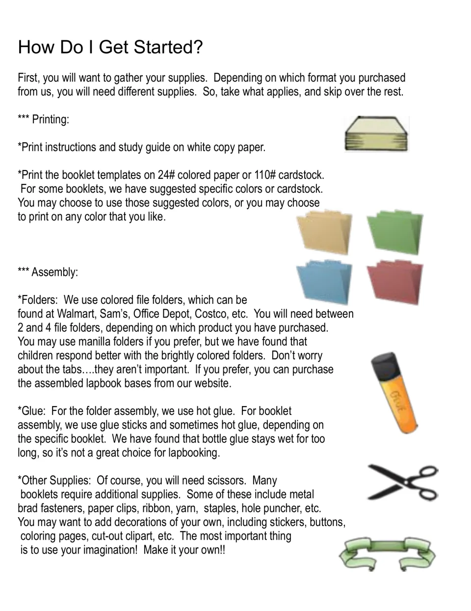 Getting started: supply list for printing on colored paper or cardstock, plus file folders, glue sticks and scissors