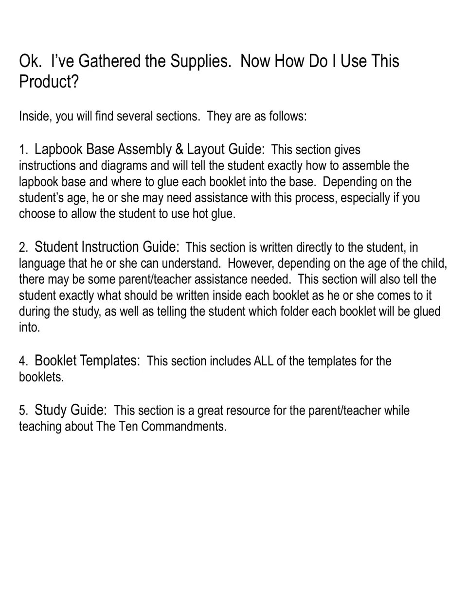 Using this product: overview of the assembly and layout guide, student instruction guide, booklet templates, study guide