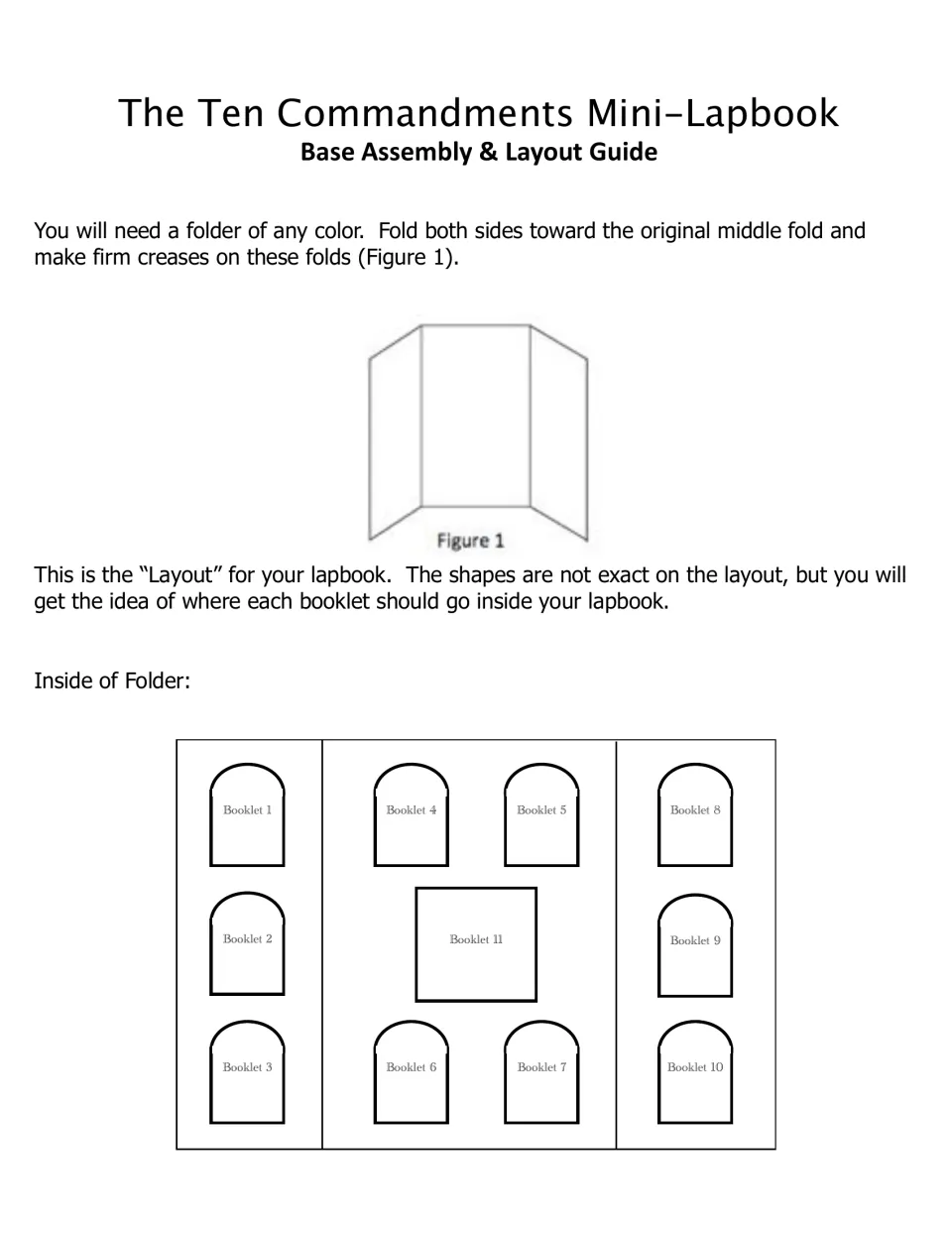 Base assembly and layout guide: fold a folder's sides to the middle, then follow a map placing booklets 1 to 11 inside