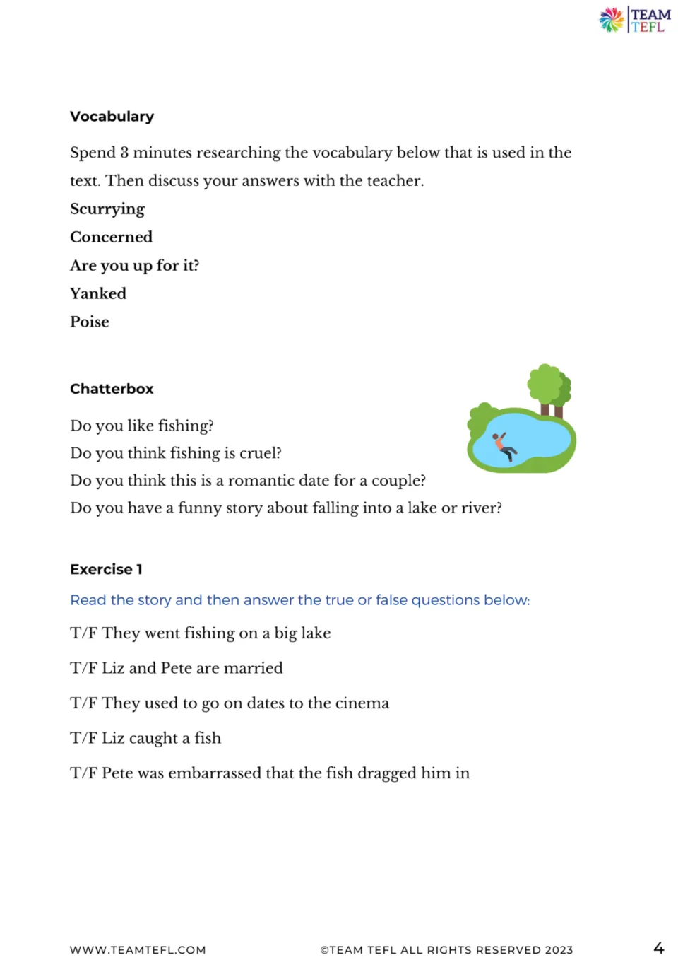 Story follow-up: five vocabulary terms, four discussion prompts, and five true-or-false comprehension questions.