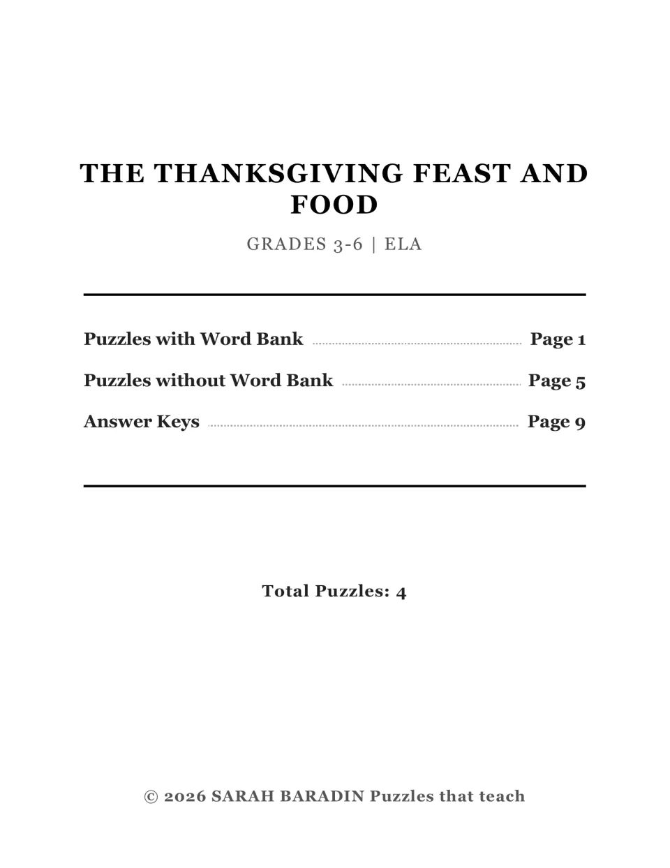 Cover for four Thanksgiving food crosswords, listing versions with and without word banks and answer keys