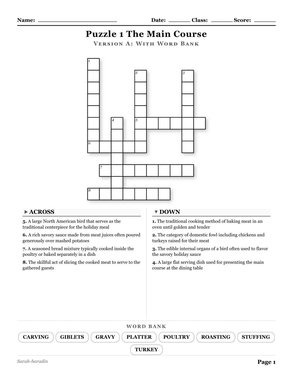 The Main Course crossword with a word bank: turkey, stuffing, gravy, poultry, carving, platter, and two more