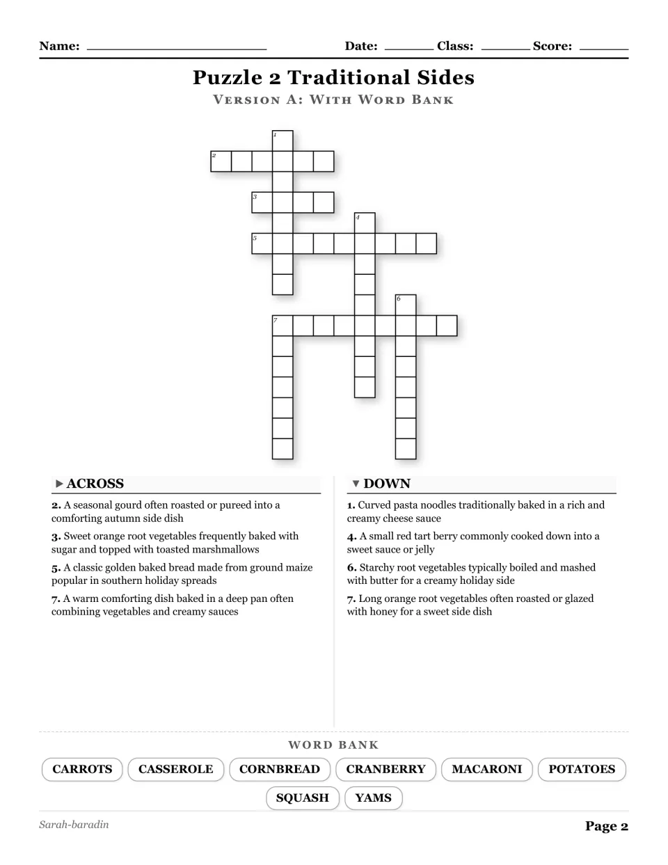 Traditional Sides crossword with a word bank: carrots, casserole, cornbread, cranberry, and four more