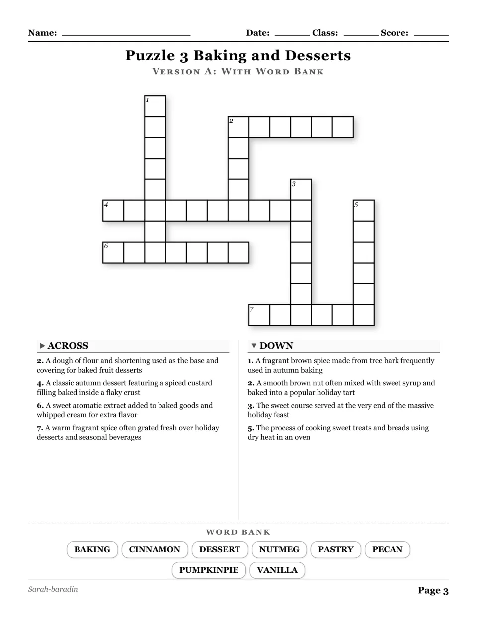Baking and Desserts crossword with a word bank: baking, cinnamon, dessert, nutmeg, and four more