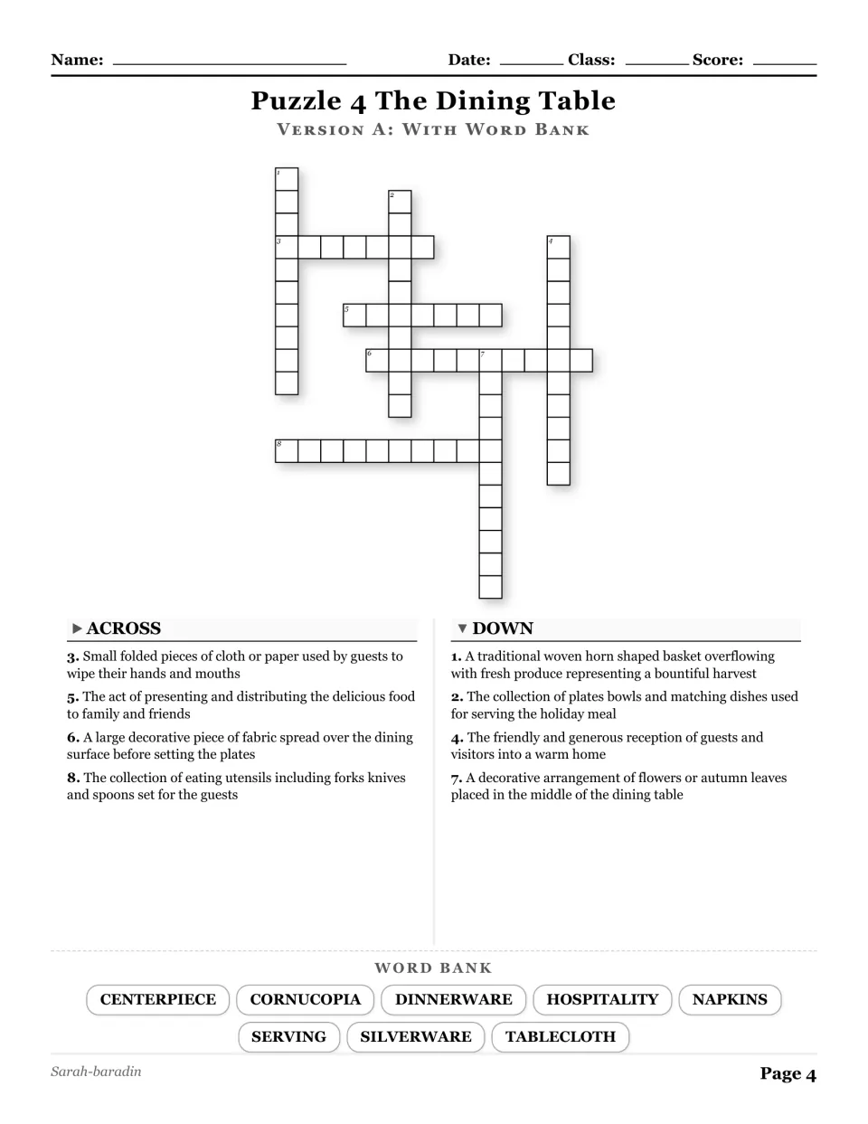 The Dining Table crossword with a word bank: centerpiece, cornucopia, dinnerware, and five more