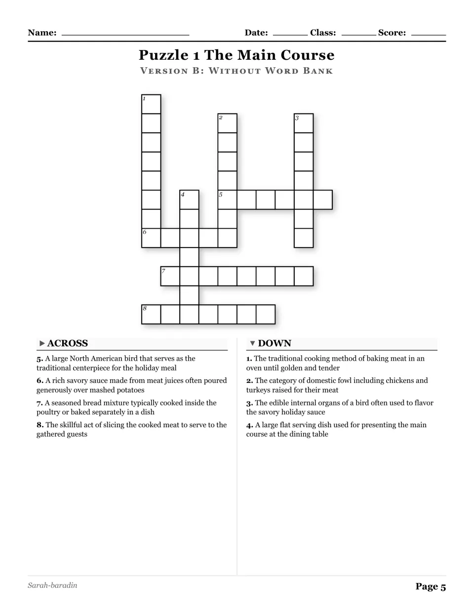 The Main Course crossword without a word bank, with eight clues about turkey, gravy, roasting, and more