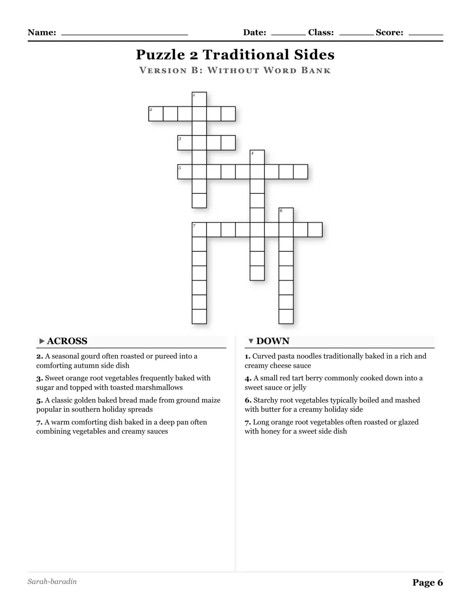 Traditional Sides crossword without a word bank, with eight clues about squash, yams, cornbread, and more