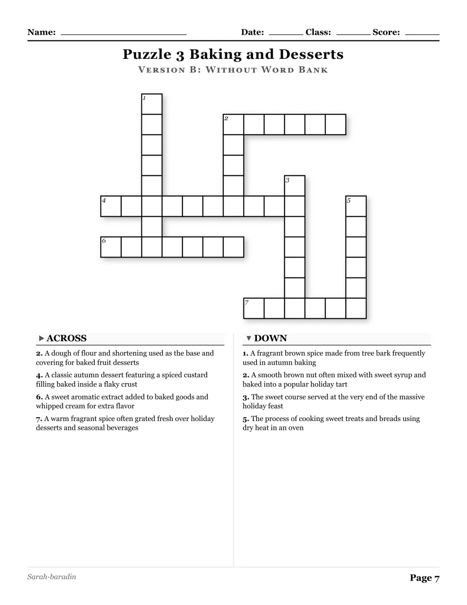 Baking and Desserts crossword without a word bank, with eight clues about pastry, vanilla, spices, and more