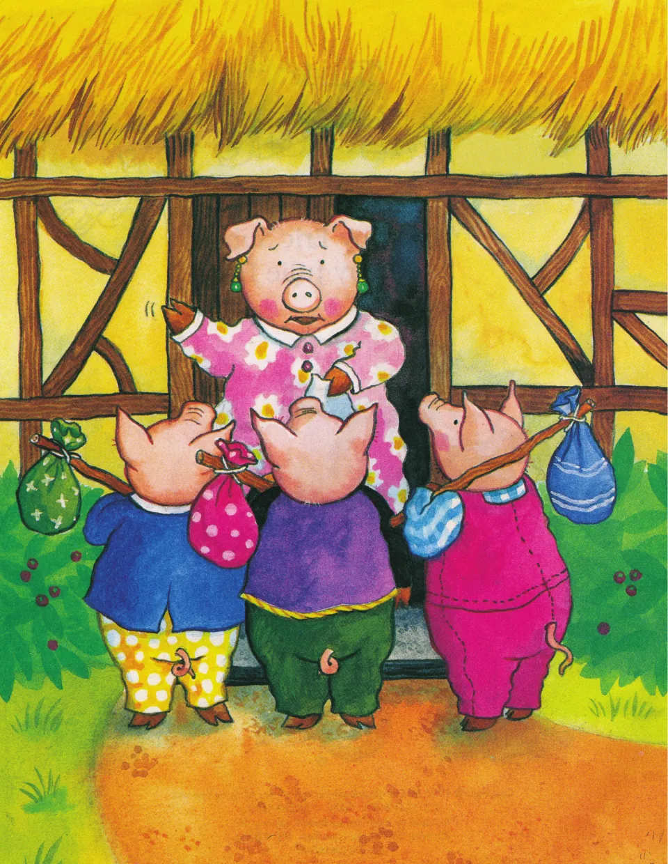 Wordless illustration: Mother Pig waves from her thatched cottage door as her three piglets stand with bundles on sticks