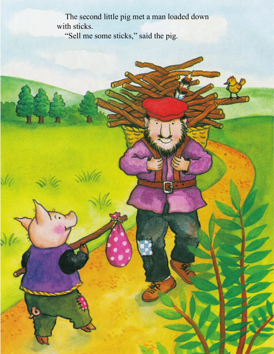 The second pig, in a purple vest, meets a bearded man loaded down with sticks and asks him to sell some sticks