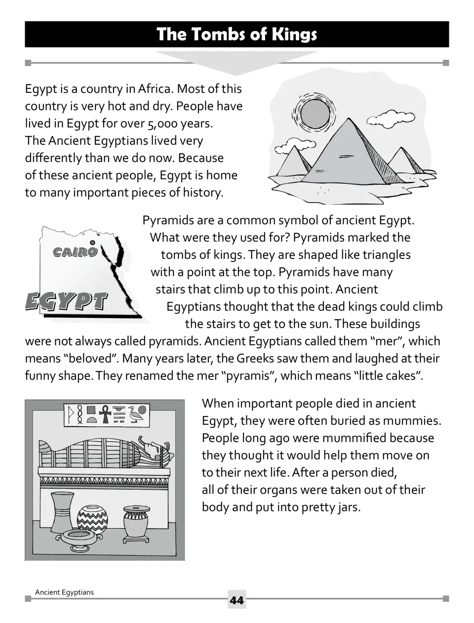 First reading page introduces Egypt, pyramids as tombs for kings, and ancient beliefs about mummification