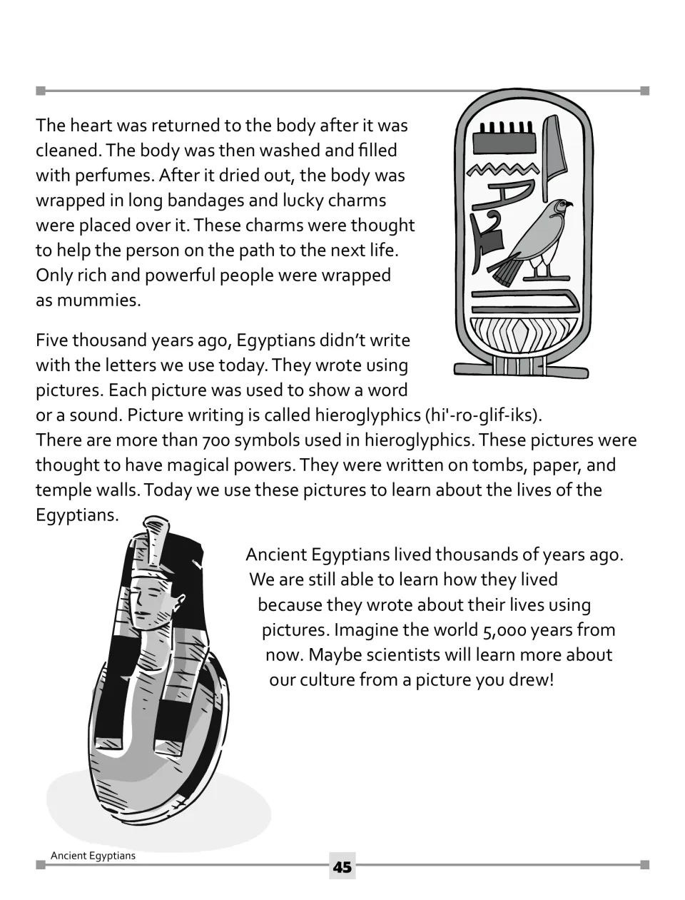 Second reading page explains mummy preparation, lucky charms, and hieroglyphics as picture writing