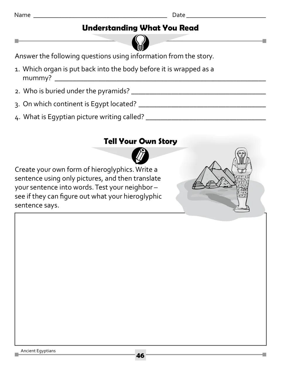 Reading response activities include four comprehension questions and creating a sentence using pictures