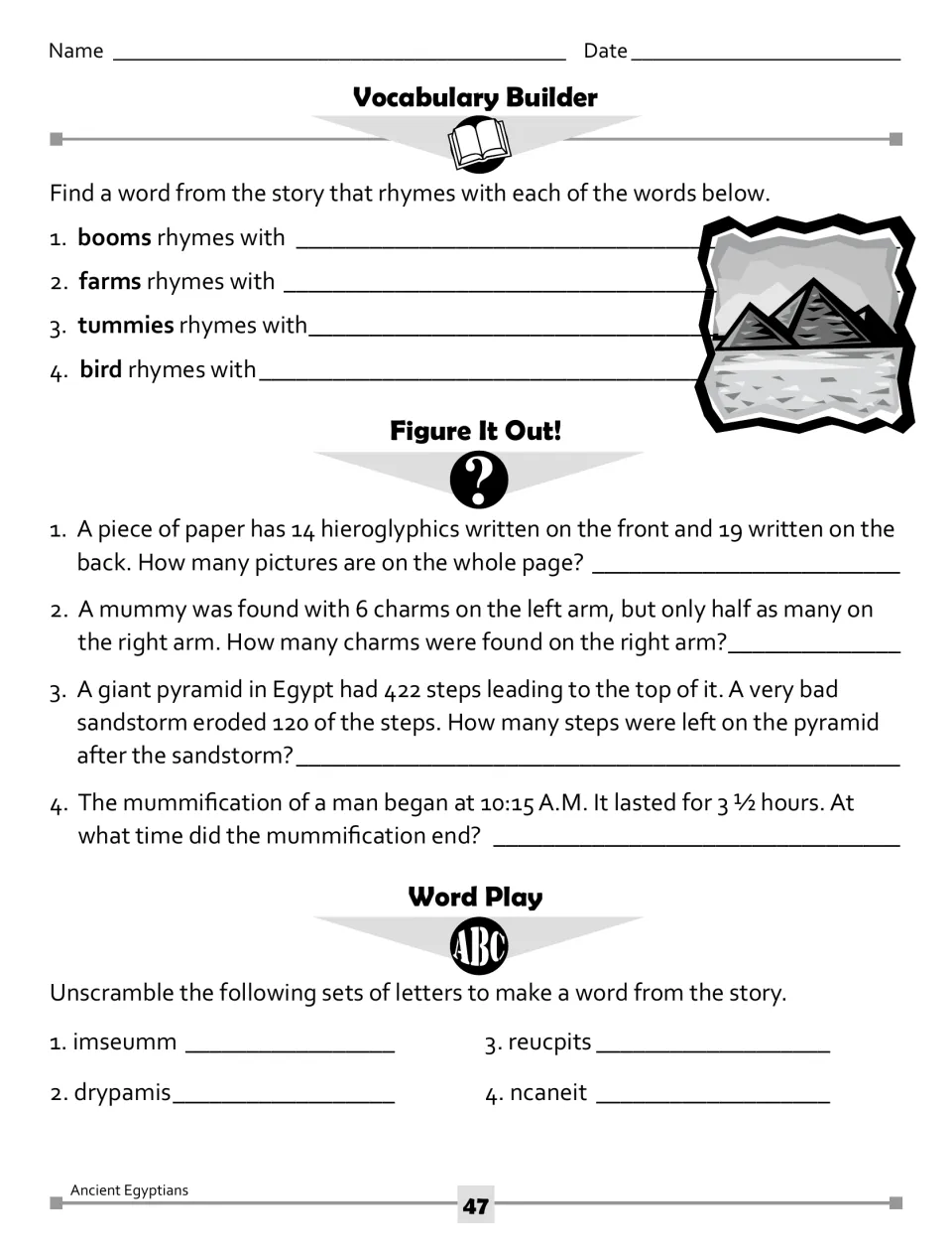 Ancient Egypt practice includes four rhyming prompts, four math word problems, and four word scrambles
