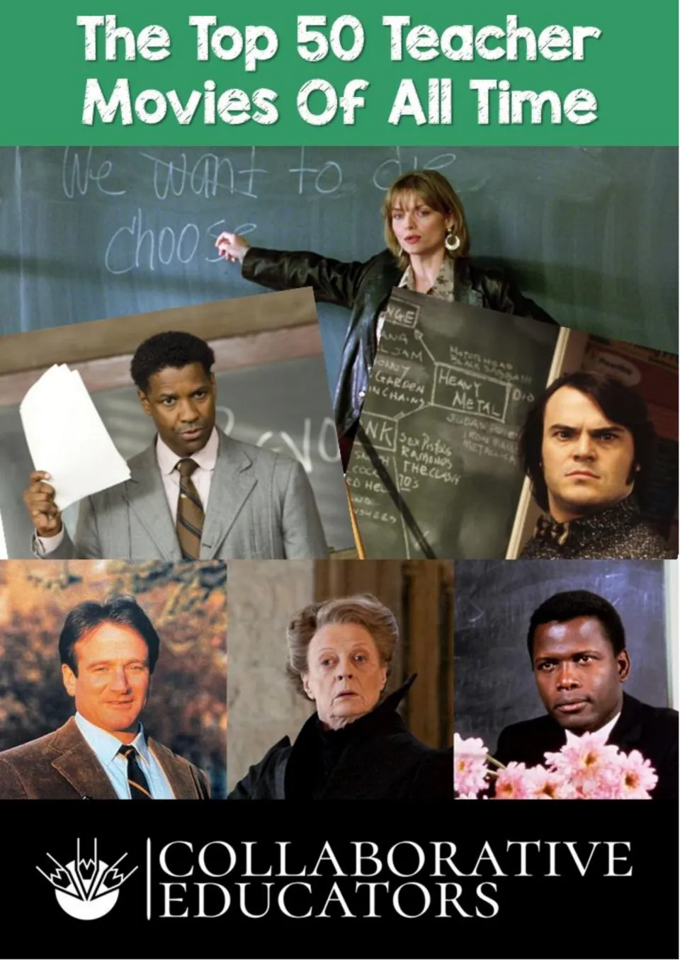 Cover of The Top 50 Teacher Movies Of All Time, featuring a film collage and Collaborative Educators branding
