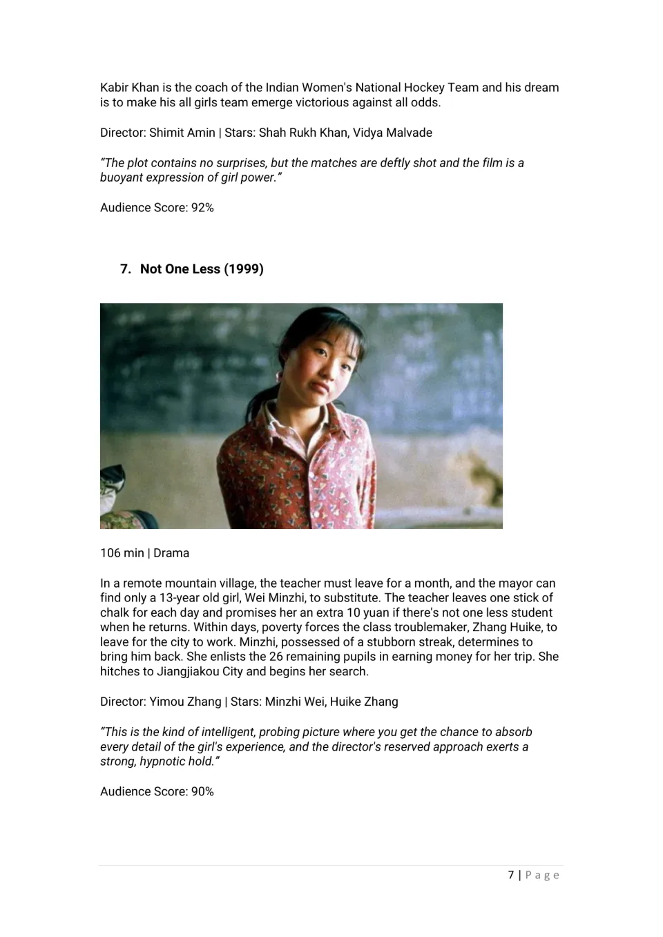 Movie guide continues Chak de! India and profiles Not One Less (1999), about a young substitute teacher