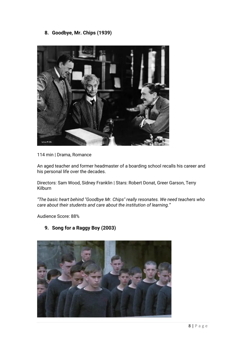 Movie guide profiles Goodbye, Mr. Chips (1939), with an 88% audience score, and begins Song for a Raggy Boy