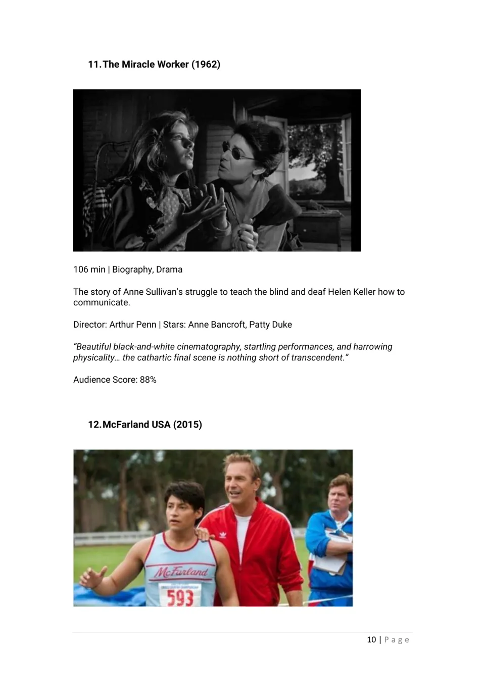 Movie guide profiles The Miracle Worker (1962), about teaching Helen Keller, and begins McFarland USA (2015)