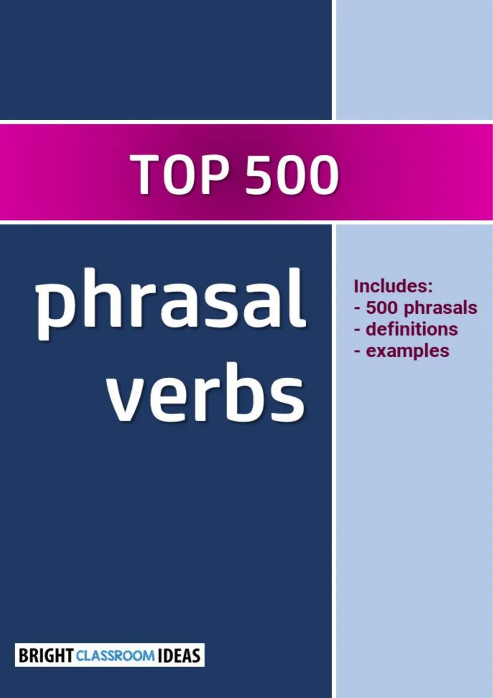 Cover of Top 500 Phrasal Verbs, listing 500 phrasals with definitions and examples, from Bright Classroom Ideas
