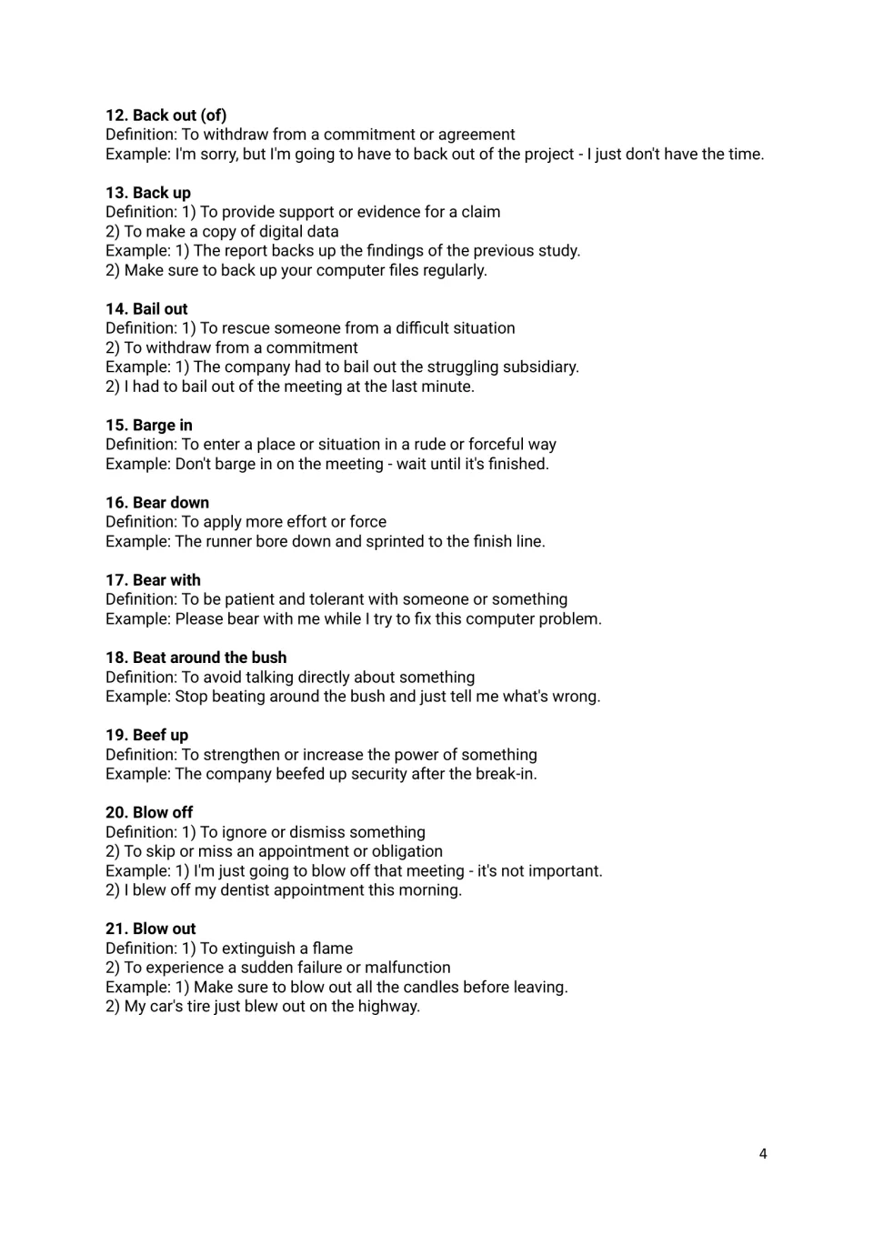 Entries 12-21 from back out to blow out, including beef up and beat around the bush, with meanings and sample sentences