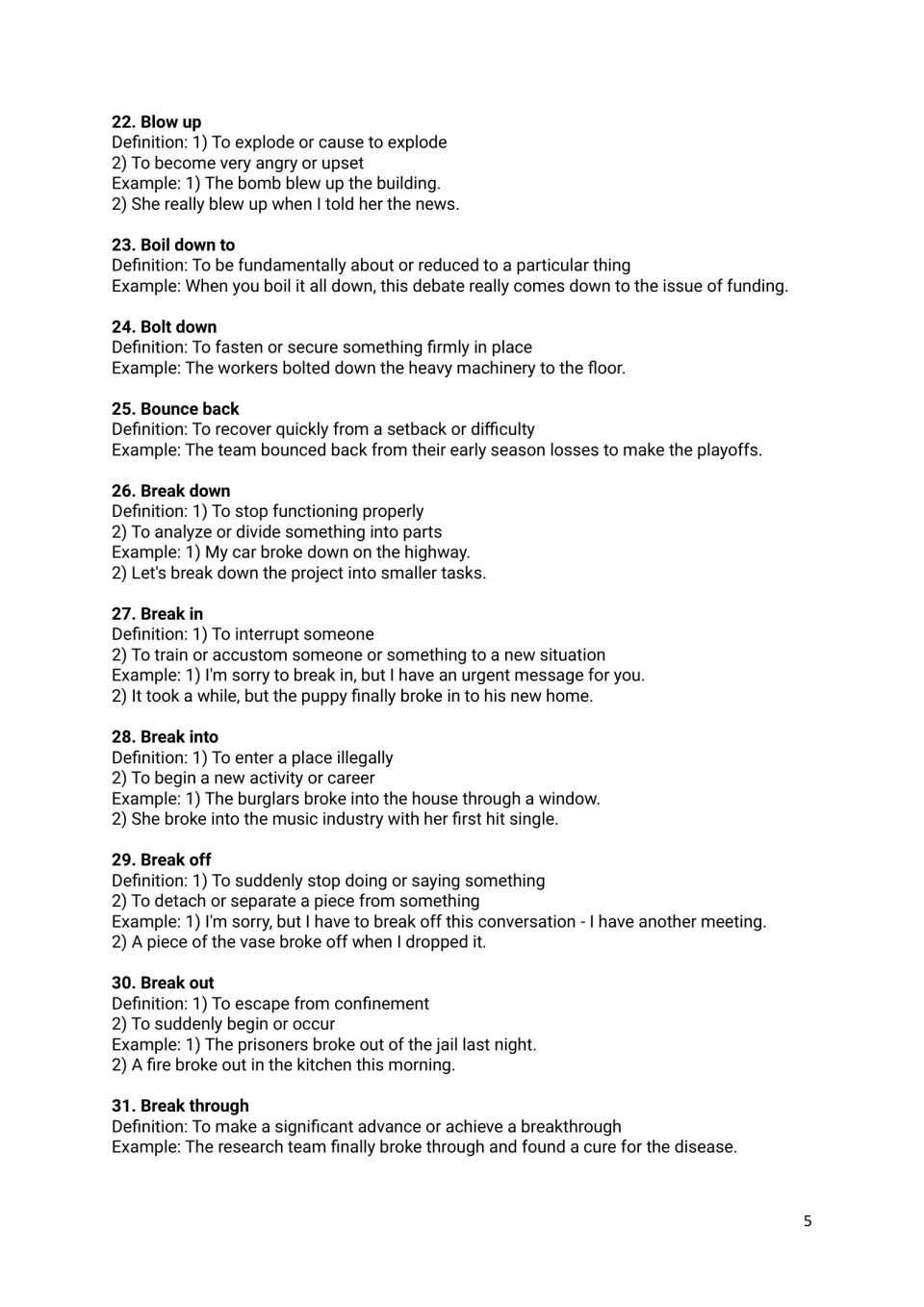 Entries 22-31, blow up to break through, including bounce back and boil down to, with two meanings given for several verbs