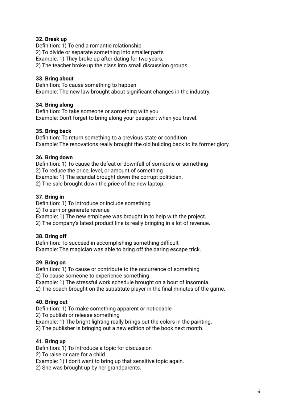 Entries 32-41 covering break up and nine combinations of bring, such as about, off and up, each with example sentences