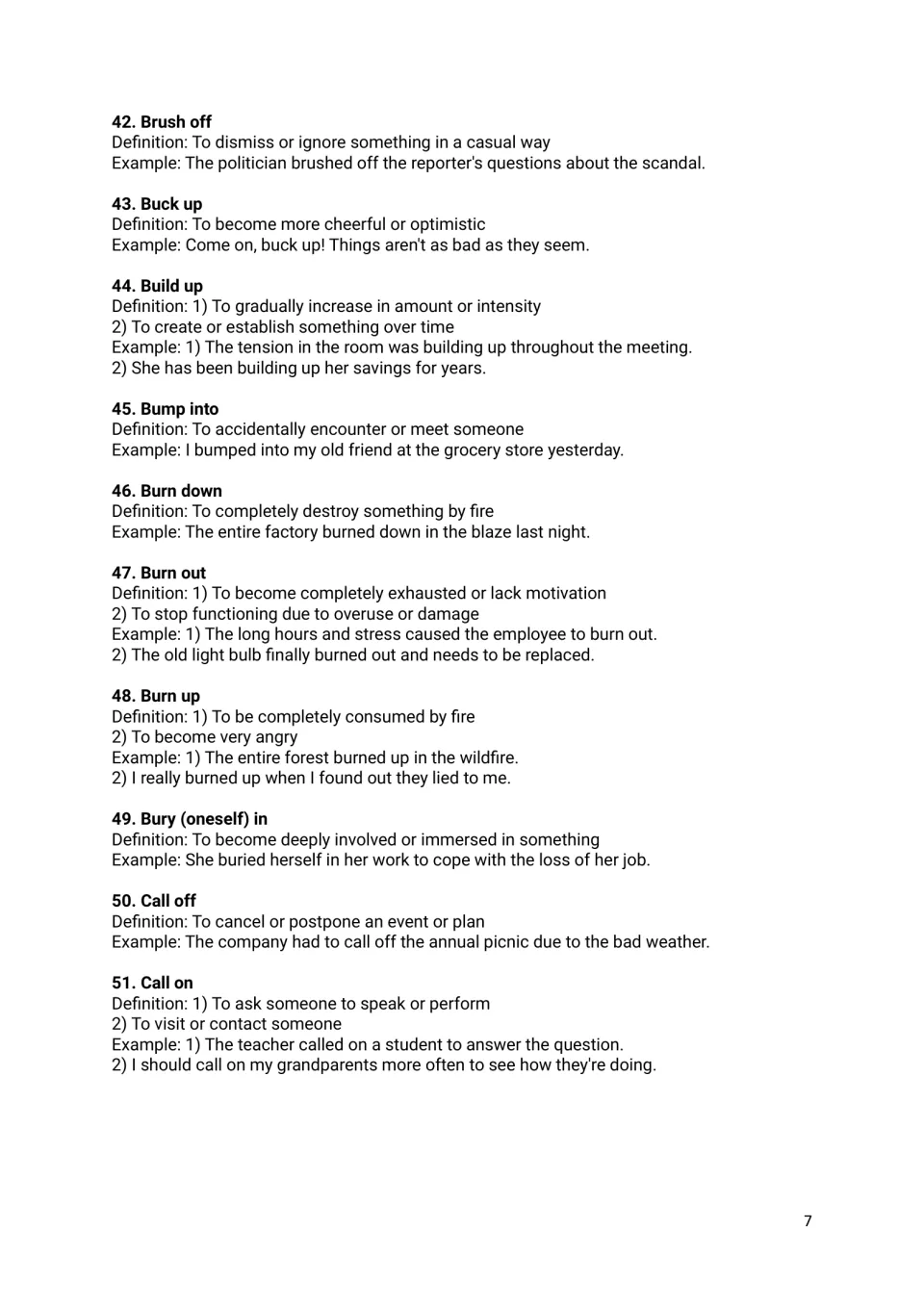 Entries 42-51, brush off to call on, including burn with down, out and up, each defined with sample sentences