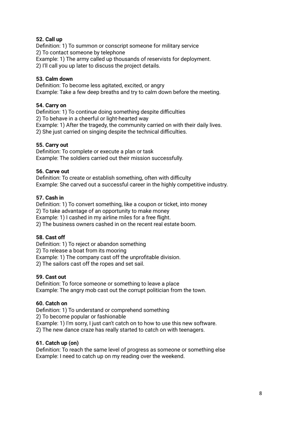 Entries 52-61 from call up to catch up (on), covering carry on and out, cash in and cast off, with usage examples